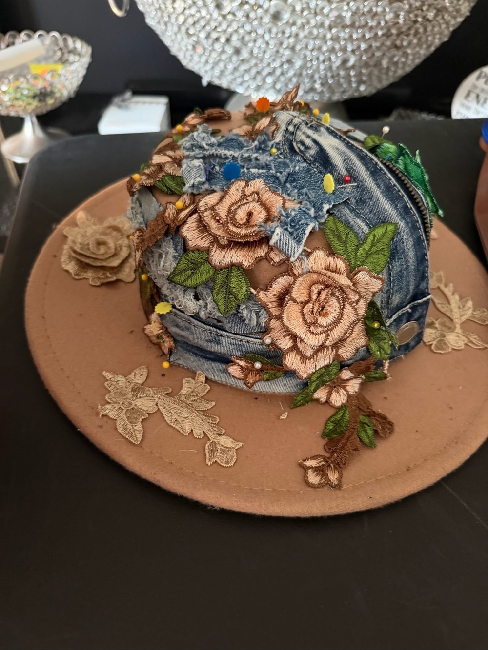 Embroidered Floral Patchwork Women’s Hat in Tan and Denim